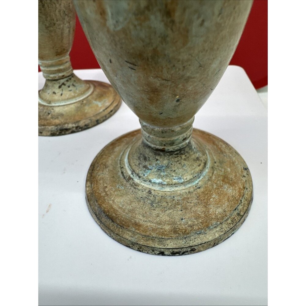 Vtg Rare Pair of Solid Bronze Candle Sticks Holders Gray Green Orange 6”x3” - Picture 7 of 10